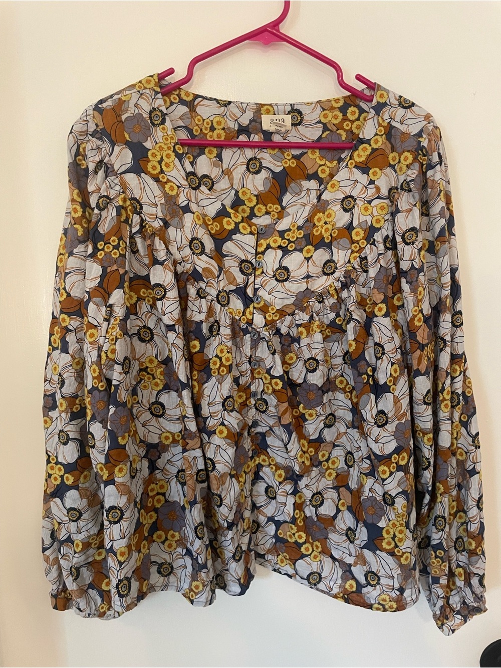 a.n.a Floral Button-Front Blouse in White, Mustard & Brown